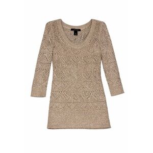 White House Black Market Womens S Metallic light Gold Crochet Knit Tunic Sweater